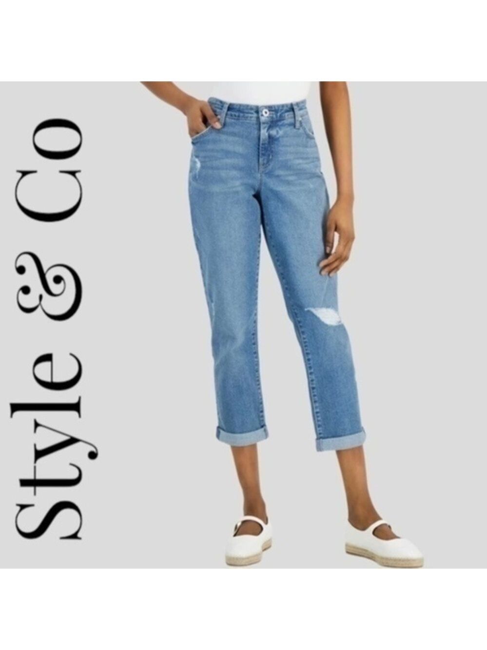 STYLE & Co Women's Curvy Destructed Girlfriend Jeans NWT/Size 14